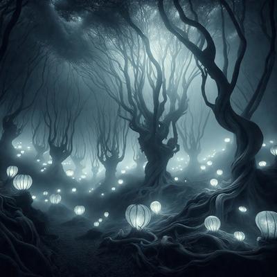 The primary subject of the image is a forest filled with trees and illuminated by lanterns. The setting is a dark, foggy night, creating a mysterious and enchanting atmosphere. The visual style is a digital art or illustration, with the lanterns and trees depicted in a detailed and realistic manner. The colors and mood of the image are predominantly dark, with the lanterns providing a warm and inviting glow.